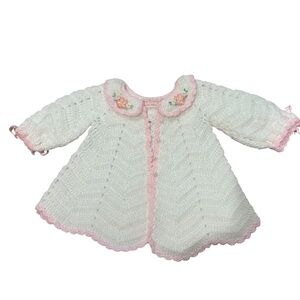 White and Pink Handmade Crocheted Infant Baby Sweater 18-24 Month Bows Delicate‎